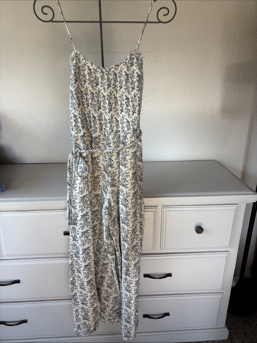Vici Cream Spaghetti-Strap Floral Jumpsuit with Navy Print